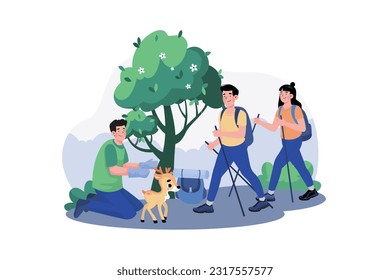 A group of tourists goes on a guided nature walk to learn about the local flora and fauna.