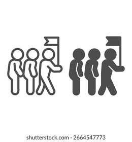 Group of tourists and guide with flag line and solid icon, traveler survey concept. Vector graphics. Guide man with people, travel sign on white background, outline style icon of mobile or web design