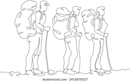 A group of tourists hiking. Travelers with big backpacks. Summer walking in nature. One continuous line drawing. Linear. Hand drawn, white background. One line