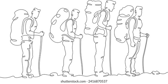 A group of tourists hiking. Travelers with big backpacks. Summer walking in nature. One continuous line drawing. Linear. Hand drawn, white background. One line