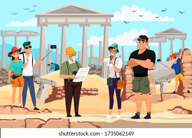 Group of tourists looking sights Greece. Woman guide gives lecture excursion. Man, woman photos ancient, selfie with ruin column. Travelling, vacation, world tourism concept. Vector illustration