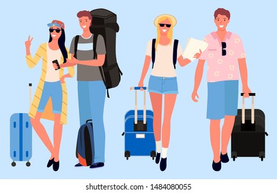 Group of tourists with luggage. Company of friends going on vacation together. Young travelers with suitcases on wheels and rucksack vector illustration. Flat cartoon