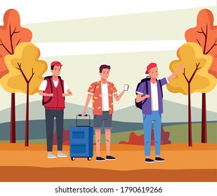 group of tourists men doing activities in the autumn landscape vector illustration design