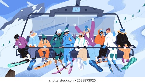 Group of tourists up to mountain on ski elevator. Skiers sit on bench of aerial lift at winter resort. Men and women are on chairlift, cableway riding to snow downhill. Flat vector illustration.