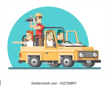 A group of tourists on the car. People go and take pictures of beautiful views. safari tourism. vector illustration.