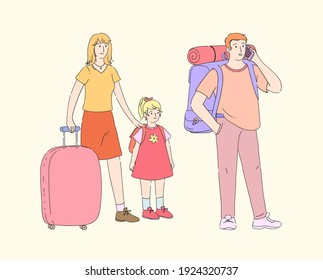Group of tourists passenger waiting for flight. Airport departure area. Plane boarding flight register, tourists with luggage in landing queue check in flat line vector