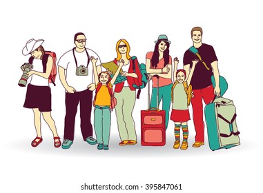 Group tourists people color isolate on white. Color vector illustration. EPS8