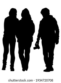 Group of tourists with photo camera. Isolated silhouettes of people on a white background