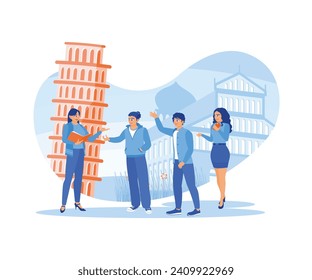 A group of tourists in Pisa, Italy. They listened to a guide's explanation about a famous monument. Tourist Guide concept. Trend Modern vector flat illustration