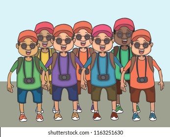 group of tourists posing with open mouth, funny colorful vector cartoon illustration