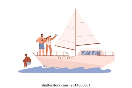 Group of tourists sailing on yacht, flat cartoon vector illustration isolated on white background. Summer holidays at sea and vacations on pleasure boats and yachts.