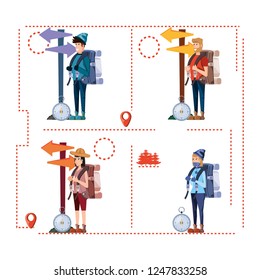 group of tourists and set icons