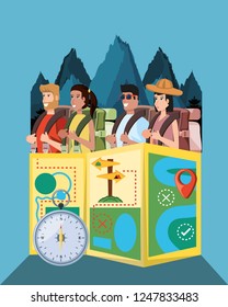 group of tourists and set icons