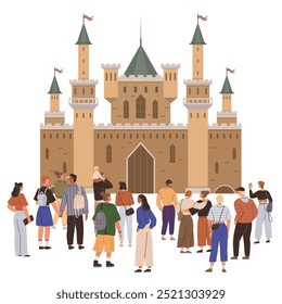 A group of tourists stands in front of a large medieval castle with four towers. Ideal for travel, history, cultural heritage, tourism industry, medieval architecture. Flat design style