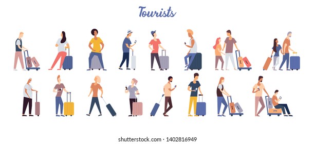 Group of tourists with suitcases arrival or departure. Bundle of interracial man and woman travel with luggage. Couple and single people going to summer vacation. Flat cartoon vector illustration