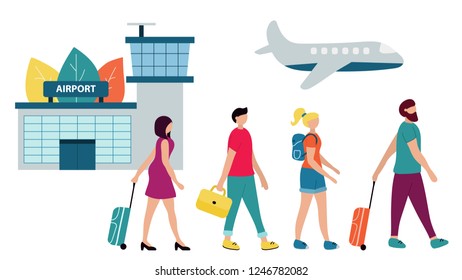 Group of tourists with suitcases, bag and backpack. Airport transit. People traveling design. Flat style vector illustration.