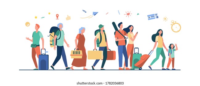 Group of tourists with suitcases and bags standing in airport. Families, elderly couples travelling with luggage. Vector illustration for trip, journey, travel, vacation concept