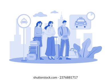 A Group Of Tourists With Their Luggage Waiting For A Taxi