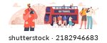Group Of Tourists Travel on Bus. Kids, Young And Senior Characters Visiting Sightseeing, People In Casual Clothes Standing Near Red Double-decker Autobus Vehicle. Cartoon People Vector Illustration