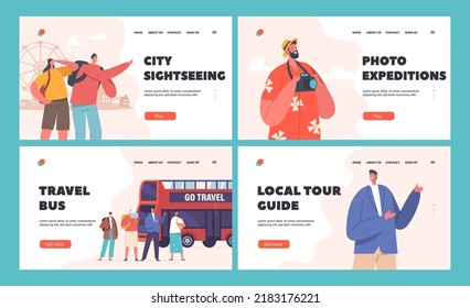 Group Of Tourists Travel on Bus Landing Page Template Set. Characters Visiting Sightseeing, People In Casual Clothes Standing Near Red Double-decker Autobus Vehicle. Cartoon People Vector Illustration