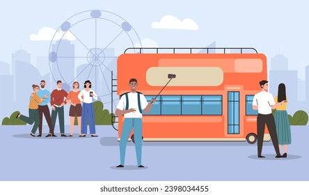 Group of tourists travel on bus. Men and women near big transport. Active lifestyle, travel and trip. People at holiday and vacation. Poster or banner. Cartoon flat vector illustration