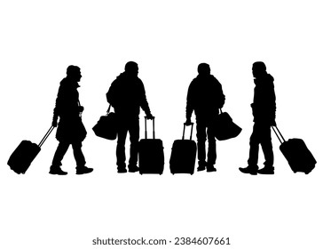 Group of tourists with travel suitcases on a white background