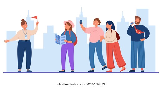 Grupo de turistas viajando con una bandera de guía. Ilustración vectorial plana. Hombres y mujeres felices visitando museos. Turismo, excursiones, aventura, concepto de viaje por ciudad