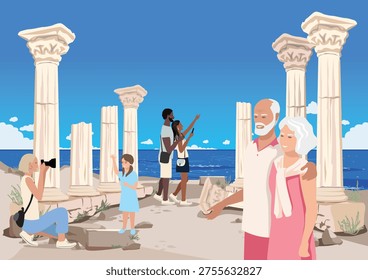A group of tourists of various ages and races explore, examine, and photograph ancient ruins with columns. Travel and leisure. Hand-drawn vector illustration.