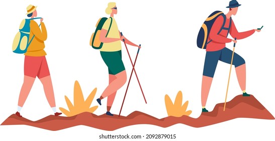 Un grupo de turistas camina, hace senderismo y trekking. Senderismo y excursionismo. Mochila exterior de ilustración de vector