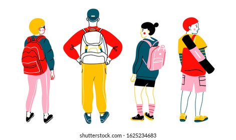 Group of tourists. Young people standing around, talking or looking at something. Trendy clothes. Bright colors, various backpacks. View from behind. Hand drawn vector set. All elements are isolated