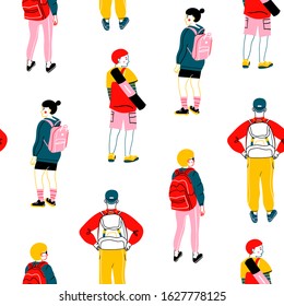 Group Of Tourists. Young People Standing Around, Talking Or Looking At Something. Trendy Clothes. Bright Colors, Various Backpacks. View From Behind. Hand Drawn Vector Seamless Pattern