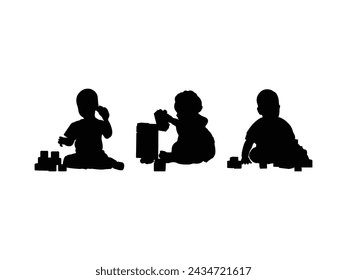 Group of toy block child silhouette isolated white background. Vector Illustration