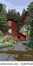 Group of traditional, red, scandinavian houses on the rocks surrounded by coniferous trees and bushes. Vector natural illustration