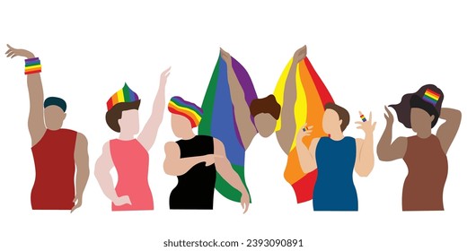 Group of transgender women in different style,posture,and skin colour with LGBTQ+ decorative object and flag. Vector illustration for equality and diversity celebration concept