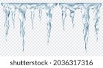 Group of translucent gray realistic icicles of different lengths, connected at the top, isolated on transparent background. Transparency only in vector format