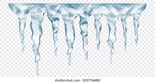 Group of translucent gray realistic icicles of different lengths, connected at the top, isolated on transparent background. Transparency only in vector format