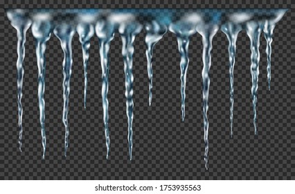 Group of translucent light blue realistic icicles of different lengths connected at the top. For use on dark background. Transparency only in vector format