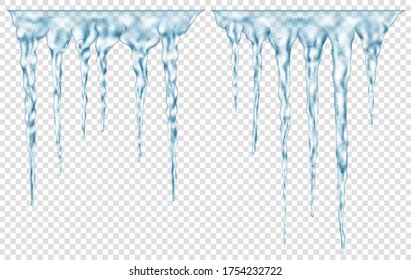 Grupo de partículas realistas translúcidas azul claro de diferentes longitudes conectadas en la parte superior. Para usar en el fondo de la luz. Transparencia sólo en formato vectorial