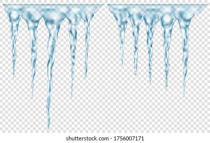 Group of translucent light blue realistic icicles of different lengths connected at the top. For use on light background. Transparency only in vector format
