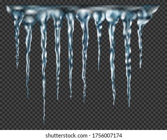 Grupo de partículas realistas translúcidas azul claro de diferentes longitudes conectadas en la parte superior. Para usar en el fondo oscuro. Transparencia sólo en formato vectorial