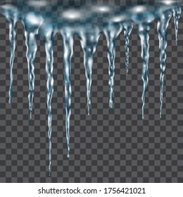 Grupo de partículas realistas translúcidas azul claro de diferentes longitudes conectadas en la parte superior. Para usar en el fondo oscuro. Transparencia sólo en formato vectorial