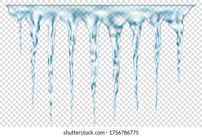 Grupo de partículas realistas translúcidas azul claro de diferentes longitudes conectadas en la parte superior. Para usar en el fondo de la luz. Transparencia sólo en formato vectorial