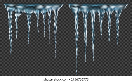 Grupo de partículas realistas translúcidas azul claro de diferentes longitudes conectadas en la parte superior. Para usar en el fondo oscuro. Transparencia sólo en formato vectorial