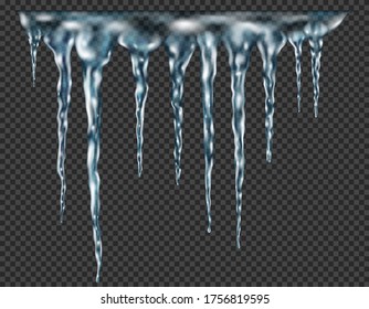 Group of translucent light blue realistic icicles of different lengths connected at the top. For use on dark background. Transparency only in vector format