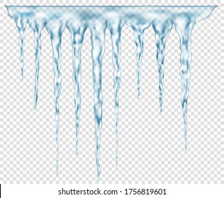 Grupo de partículas realistas translúcidas azul claro de diferentes longitudes conectadas en la parte superior. Para usar en el fondo de la luz. Transparencia sólo en formato vectorial