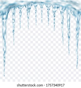Grupo de partículas realistas translúcidas azul claro de diferentes longitudes conectadas en la parte superior. Para usar en el fondo de la luz. Transparencia sólo en formato vectorial