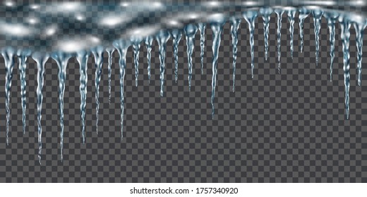 Group of translucent light blue realistic icicles of different lengths connected at the top. For use on dark background. Transparency only in vector format
