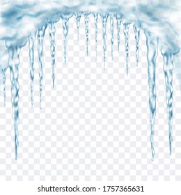 Group of translucent light blue realistic icicles of different lengths connected at the top. For use on light background. Transparency only in vector format