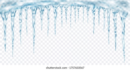 Group of translucent light blue realistic icicles of different lengths connected at the top. For use on light background. Transparency only in vector format