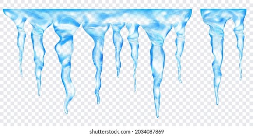 Grupo de partículas realistas transparentes de azul claro de diferentes longitudes, conectadas en la parte superior, aisladas en un fondo transparente. Transparencia sólo en formato vectorial